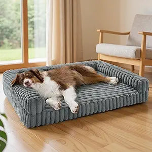 Bedsure ComfyFleece Orthopedic Dog Beds Large Sized Dog, Waterproof Memory Foam Pet Couch Sofa with Sides, Non-Slip Bottom and Egg-Crate Foam Large Pet Bed with Washable Corduroy Cover, Grey