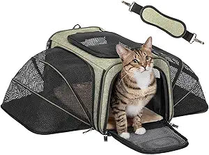 Petsfit Expandable Rabbit Carrier Bunny Carriers, 16 Inch Airline Approved Pet Carrier with 2 Extensions, Soft Washable Cushion, Self-Locking Zipper Head, Built-in Safety Rope, Fit for Travel