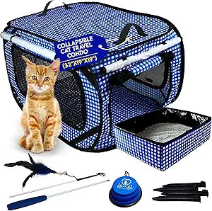 Pet Fit For Life Extra Large Cat Carrier for Travel - Foldable & Portable Collapsible Kennel with Litter Box, Feather Toy & Water/Food Bowl - Ideal for Cars, Long Trips & Indoor Cats - Blue Checkers