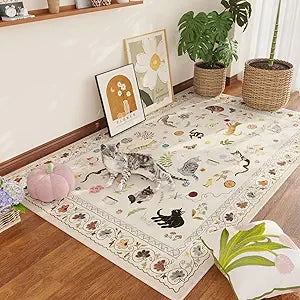 Rugcomf Area Rug 4x6 Rug Washable Boho Rugs Non Slip Low Pile Floral Animal Cat Small Carpet for Bedroom Bedside Kids Room Office Dining Room, Beige