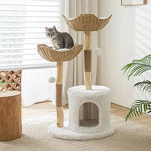 Cat Tree Tower, 46 inch Modern Cat Tree for Indoor Cats Large Adult, Luxury Cat Condo with Scratching Post, Real Solid Wood Branch Indoor Boho Furniture, Climbing Tower, White