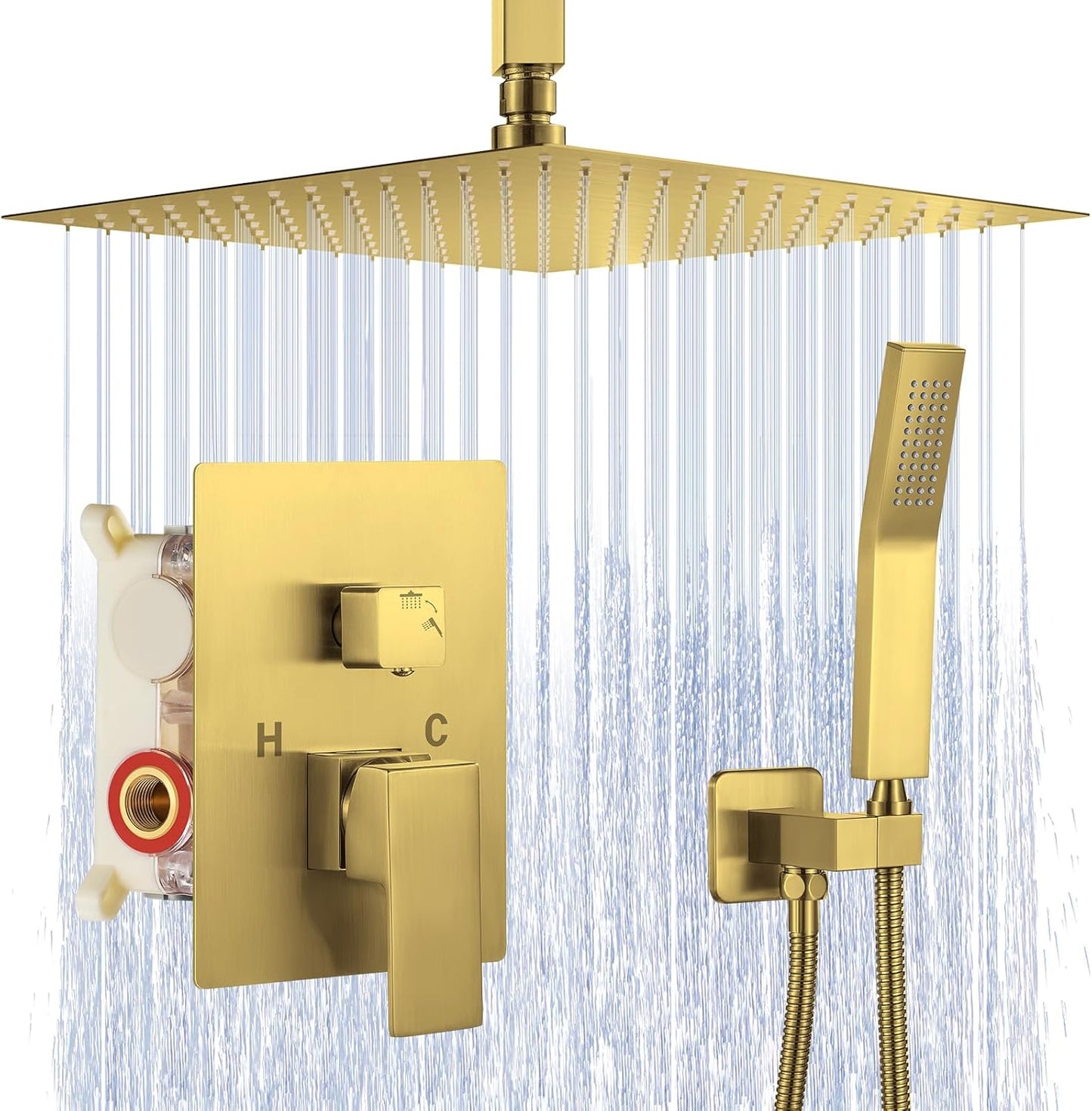 JOMEOO® 12 Inch Brushed Gold Shower System, Ceiling Mounted High Pressure Rain Shower Head with Handheld Sprayer, Bathroom Luxury Gold Shower Head Shower Faucet Set Rough in Valve Body and Trim