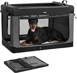 Feandrea Collapsible Dog Crate, 44-Inch Portable Dog Travel Crate for Extra Large Dogs, Oxford Fabric Pet Carrier with 4 Mesh Doors, Handles, Storage Pocket, Water Bottle Holder, Ink Black UPDC022BH01