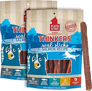 Plato Pet Treats Thinkers - Meat Stick Treats for Dogs - Limited Ingredient with EPA and DHA to Support Skin, Coat, and Brain - Air-Dried - Thinkers Salmon 10oz - 2 Pack