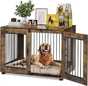 31.5" Dog Crate Furniture - Chew-Resistant Wooden Kennel with Locking Double Doors, Indoor Pet Cage End Table for Medium Breeds