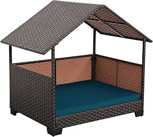 HDPE Wicker Dog House for Medium/Big Dogs 39x30x41in, Outdoor Dog Bed House with Canopy and All-Weather Non-Slip Dog Cot Cushion, Oversize Rattan Dog Bed Shelter and Pet Cabana, Brown