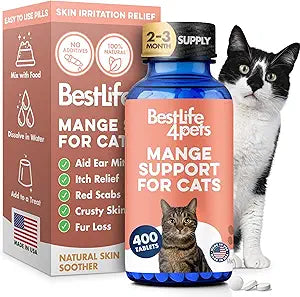 Mange Support for Cats, Natural Cat Itchy Skin, Paws and Ears Relief - Soothes Welts, Scabs, Red and Flaky Skin Reducing Excessive Grooming and Patchy Fur for a Healthy Coat (400 Tiny Tasteless Pills)