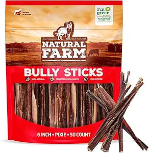 Natural Farm Bully Sticks (6 Inch, 50 Pack), Thin Pixie Pizzle Beef Treats, Grain-Free, High Protein, Best Rawhide Alternative for Small, Puppies or Senior Dogs