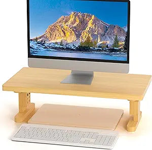 Bamboo Monitor Stand Riser for Desk, Height Adjustable Computer Riser & Laptop Stand, Ergonomic Desktop Organizer Shelf W/ Underneath Storage, Sturdy 100 lbs Capacity for Printer/TV/Home Office