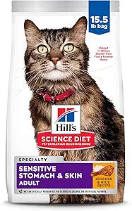 Hill's Science Diet Adult 1-6 Sensitive Stomach & Skin Dry Cat Food, Chicken & Rice, 15.5 lb. Bag (Updated Formula)