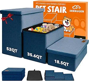 Dog Stairs with Storage 18" H, 3-Step Wider Dog Steps for Small/Medium/Large Dogs Cats, Folding Sturdy Pet Stairs Climbing Bed or Sofa, Ramp for Car Hold Up to 200 lbs (Navy Blue, No Condo)