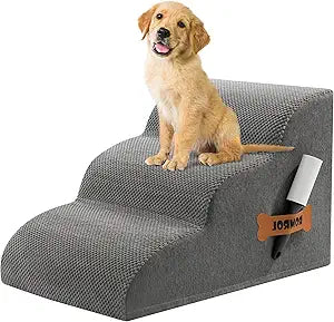 Romrol Dog Stairs Ramp for Beds Couches, 15.7â€ H 33D Extra Wide Pet Steps with Durable Non-Slip Waterproof Fabric Cover, Dog Slope Stairs for Small Dogs and Cats or Pets Friendly, 3-Tiers, Grey