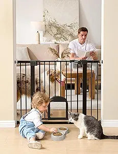 Babelio Upgraded Baby Gate with Cat Door, 29-43" Auto Close Durable Dog Gate for Stairs, Doorways and House, Easy Walk Thru Safety Gate with Pet Door Includes 4 Wall Cups, Black