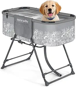 SereneLife Portable Dog Bath Tub with Drain, Foldable Indoor Outdoor Dog Tubs for Bathing and Grooming with Pockets & Leash Restraint, Collapsible Design, Supports Pets Up to 130 lbs