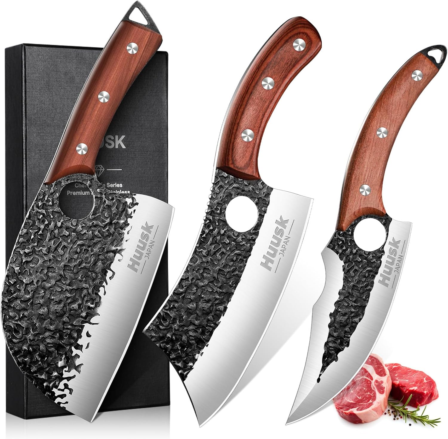 Huusk Butcher Knife Set Hand Forged Serbian Chef Knife Viking Boning Knife Cleaver Knife 3PCS Kitchen Knife Set for Meat Cutting Home & Outdoor Cooking BBQ Knives Gift for Men