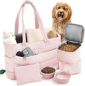 rubyloo Puffer Dog Travel Bag for Dog Moms â€“ Doggy Diaper Bag with Pet Bowls & Food Storage or Everyday Puffy Tote â€“ Doggy Mom Gifts for Women â€“ Lightweight, Travel-Ready Gift for Pet Lovers - Pink
