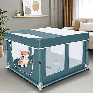 Dog Kitten Playpen with Cover, 42x42 x25.5 Puppy Playpen for Small Pet with See-Through Topper Proof, Green