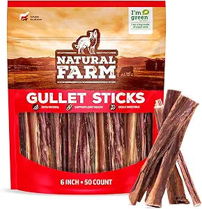 Natural Farm Gullet Sticks (6 Inch, 50 Pack) - One Ingredient Beef Esophagus Chews - Fully Digestible, Promotes Joint & Dental Health, for Pups, Small & Senior Dogs