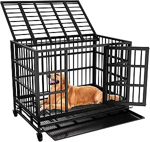 JY QAQA 48/38 Inch Heavy Duty Indestructible Dog Crate Double Doors Escape Proof Cage Kennel,Enhanced Metal Pet Cage,Extra Large XL XXL Crate Indoor for Large Dog with Removable Tray,Lockable Wheels