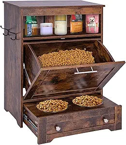 Dog Feeding Station with Storage,Pet Feeding Station Food Storage Cabinet with 2 Elevated Dog Bowls for Water and Feeding Supplies,Dog & Cat Storage Organizer with Drawer,Brown