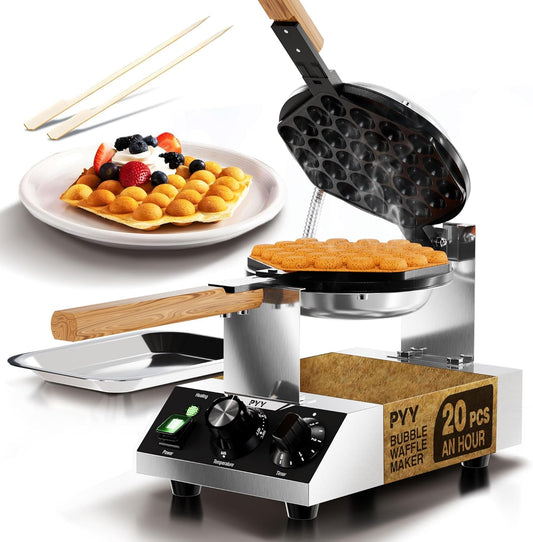 PYY Bubble Waffle Maker - 1500W Non-stick Coating Electric Waffle Iron Machine，Stainless Steel, Commercial Egg Puff Waffle Iron Machine, 122-482℉, 30 Egg Cones, 180° Rotating, Hong Kong