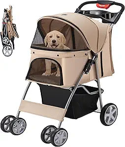 Pet Stroller, 4 Wheels Pet Strolling Cart for Medium/Small Dogs and Cats, Foldable Cat Jogger/Dog Stroller with Cup Holder, Storage Basket, Breathable Mesh, All-Season Pet Carrier, Khaki