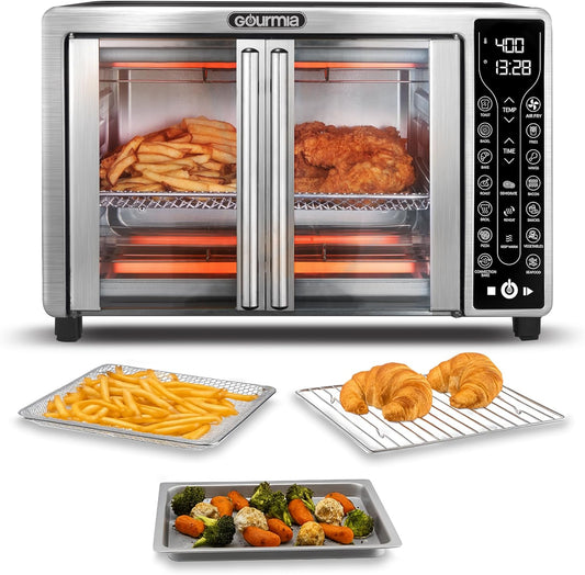 Gourmia French Door Air Fryer \u2013 25 Qt Large Capacity Convection Oven, Fryfroce 360°, Digital Display with 17 Cooking Presets, Bake, Toast, Roast, Dehydrate, Fits 12\u201D Pizza