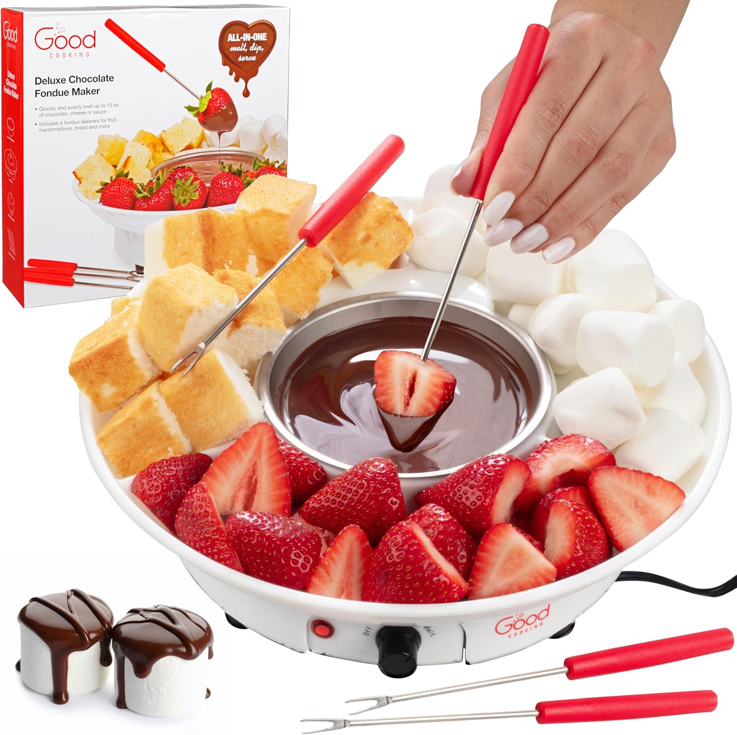 Electric Fondue Maker Deluxe Set w 4 Forks- Removable Serving Tray for Cheese & Chocolate Melting, Warming Setting- Valentines Day Candy Bar Melter, Party Must Have- Appetizers Desserts- Gift for Host
