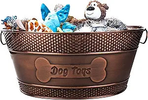 BREKX Indestructible Metal Dog Toy Bin - Copper Galvanized Storage Bin with Handles, Pet Storage Organizer - Ropes, Blankets, & Leashes, Bone Design Pet Toy Box (15-Quart)