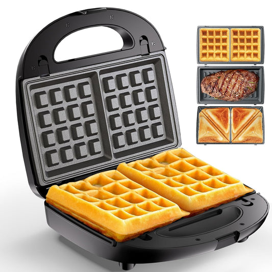 KEENSTAR 3 in 1 Electric Sandwich Maker, Waffle Maker with Removable Non-Stick Plates, Grill with Double-Sided Heating, Easy to Clean and Store, Perfect for Cooking Breakfast, Grilled Cheese and Steak