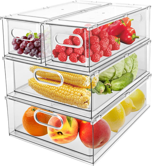 Greenby 4 Pack Refrigerator Organizer Bins with Pull-out Drawer Stackable Clear Fridge Drawer Organizer Fruit Vegetable Storage Containers for Kitchen Pantry Organization (2 Large+2 Small)