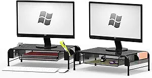 Simple Houseware Metal Desk Monitor Stand Riser with Organizer Drawer, Black, 2 Packs