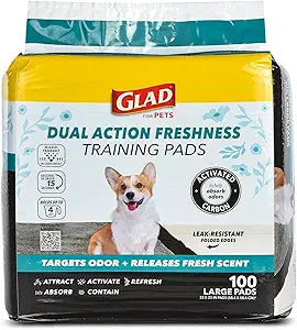 Glad for Pets Dual Action Freshness Activated Carbon Puppy Training Pads with Fragrance Release, Scented Pee Pads, Ultra Absorbent, Odor Control. 23"x23" 100ct