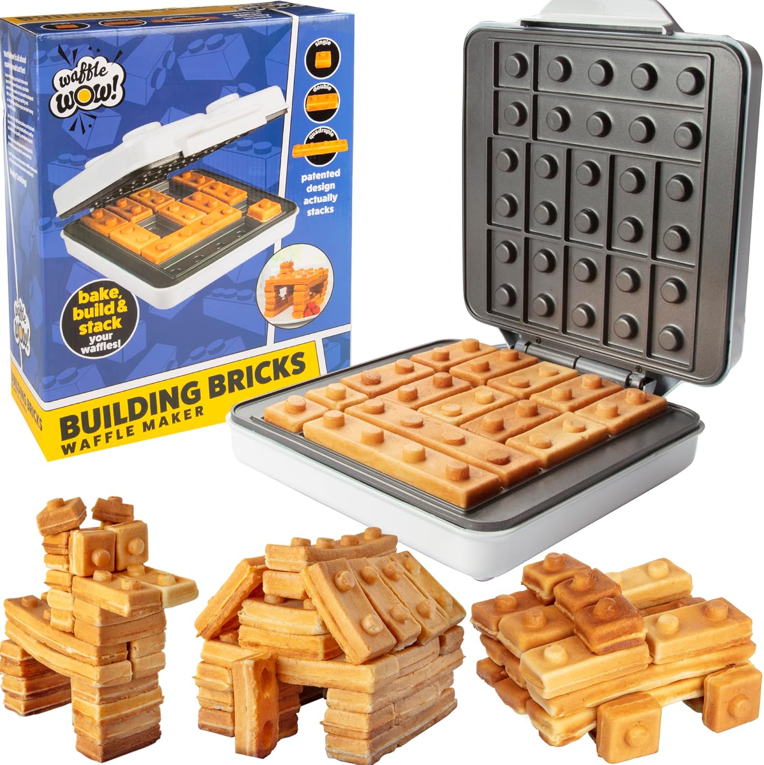 Building Brick Electric Waffle Maker- Cook Fun Buildable Waffles or Pancakes- Make Houses, Cars & Animals Out of Stackable Waffles- Bite Sized for Kids, Nonstick Waffler Iron Machine w Recipe Guide