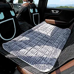 Back Seat Pet Bed Mat, Dog Car Bed for Large Dogs, Deluxe Plush Travel Beds with Anti-Slip Bottom, Custom Fit for Backseat Extenders and Seat Covers (Gray)