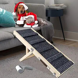 Wooden Folding Portable Pet Ramp. 4 Levels Adjustable 9" to 17.3" with Non-Slip 5 Paw Traction Mat for Small Medium Doggie. Dog Ramps-GY