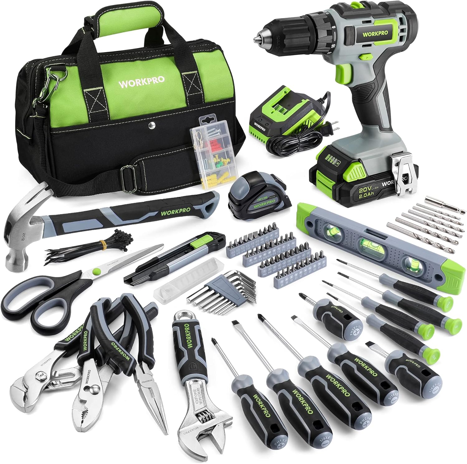 WORKPRO Home Tool Set with 20V Cordless Lithium-Ion Drill Driver, Household Repairing Tool Kit with Drill, 157PCS Power Drill Sets, 14-Inch Wide Mouth Storage Tool Bag, Green