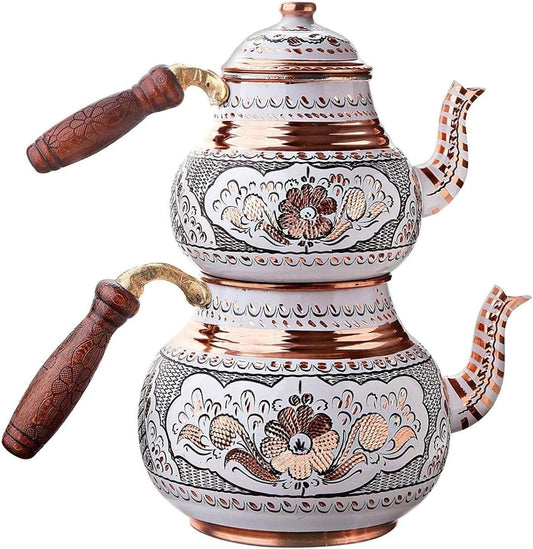LaModaHome Handmade Vintage Traditional Turkish Copper Teapot Set - Antique Floral Designed Tea Kettle with Wood Handle and Lid, Kitchen Set, Water Heater, Gas and Electric Stovetop Compatible