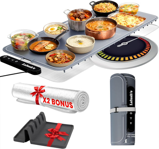 Lalush'e Electric Food Warming Mat, XXL 36x15" - Portable Food Warmer for Parties, Hosting & Buffet Serving Foldable Graphene Heating Tray with 7 Temp Settings, Spoon Rest and Travel Isolation Pad