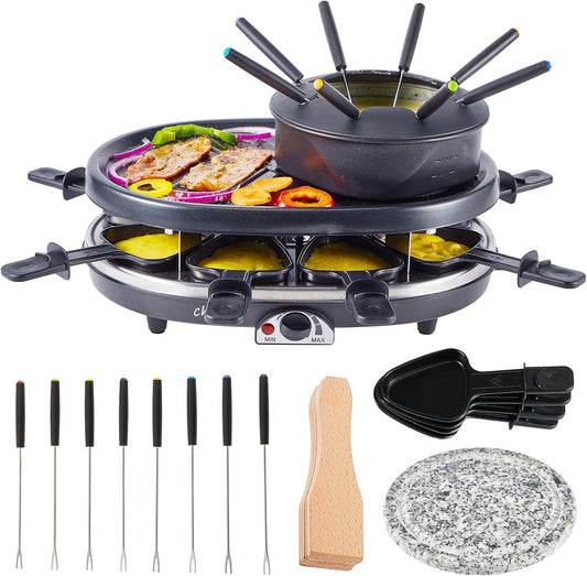 Electric Fondue Pot Set,Cheese Fondue Pot and Chocolate Fondue Kit,Portable BBQ Grill with Raclette Grill Plate,8 Fondue Forks,8 Small Nonstick Pans for 8 People Parties