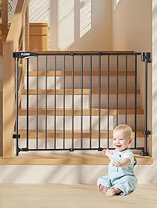 29.5-43" No Bottom Bar Baby Gate for Stairs, Auto Close Baby Gates for Doorways, Hardware Mounted, Dog/Pet Gate Indoor with Extra-Wide Walk Thru Door, Child-Proof Safety Gate for Kids (Black)