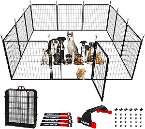 Dog Play Pen Indoors/Outdoor,32'' Portable Dog Fence with Easy-Carry Straps,12 Panels Dogs Pen Play Pen for Medium/Large Dogs,Rustproof Metal Pet Playpen for Camping RV Yard (with Two Doors)