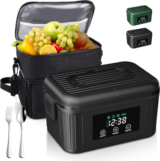 Aurevit Cordless Electric Lunch Box for Adults, 1.4L Heated Lunch Box for Men with Smart Meal Scheduling & Auto Keep Warm, Portable Food Warmer for Car with Insulated Bag, Ice Pack (Meteorite Black)