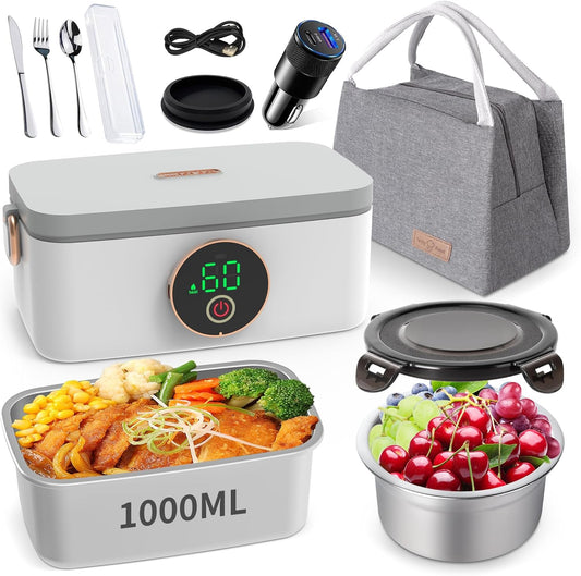 Erreloda 1L Cordless Electric Lunch Box, Rechargeable Heated and Self Heating Lunchbox with Cutlery and Insulated Lunch Box Bag, Food Warmer for Travel, Picnic, Camping
