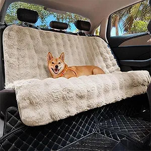 FUNNY FUZZY Fluffy Dog Car Seat Cover for Back Seat (Bench), Water-Resistant with Nonslip Backing,Pet Seat Protector for Cars SUVs Trucksï¼ˆBeige