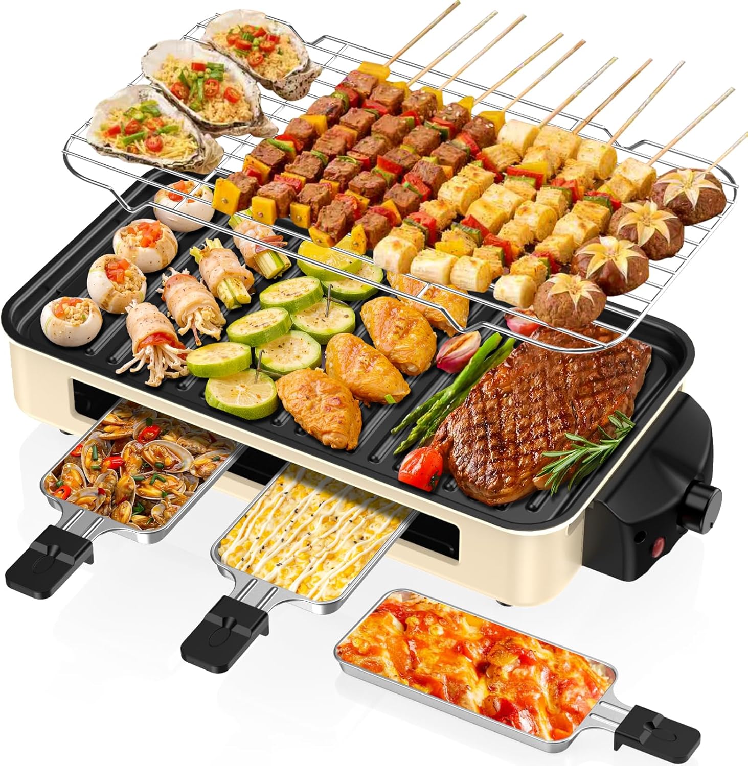 Electric Indoor Grill 1500W -2 in 1 Smokeless Indoor Grill for Kitchen with Non-stick Removable Grill & Griddle Plate,Temperature Control Korean BBQ Grill with 3 Cheese Pans Dishwasher Safe