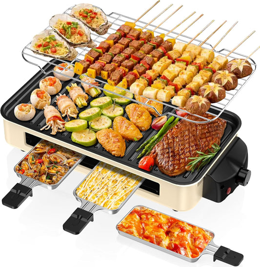 Electric Indoor Grill 1500W -2 in 1 Smokeless Indoor Grill for Kitchen with Non-stick Removable Grill & Griddle Plate,Temperature Control Korean BBQ Grill with 3 Cheese Pans Dishwasher Safe