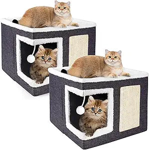 2 Pack Cat Houses for Indoor Cats - Large Cat Bed Cave with Scratch Pad and Fluffy Ball, Foldable Cat Hideaway Condo with Reversible Cushion for Multi Small Pet, Dark Grey