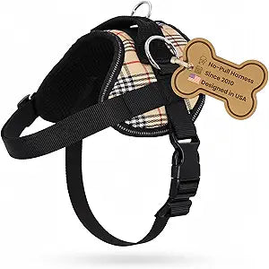 Bark Appeal Tan Plaid No-Pull Dog Harness for Extra Small Sized Pets â€“ Adjustable, Reflective Vest with 3 Leash Clips for Added Control, Easy Walks & Training â€“ XS