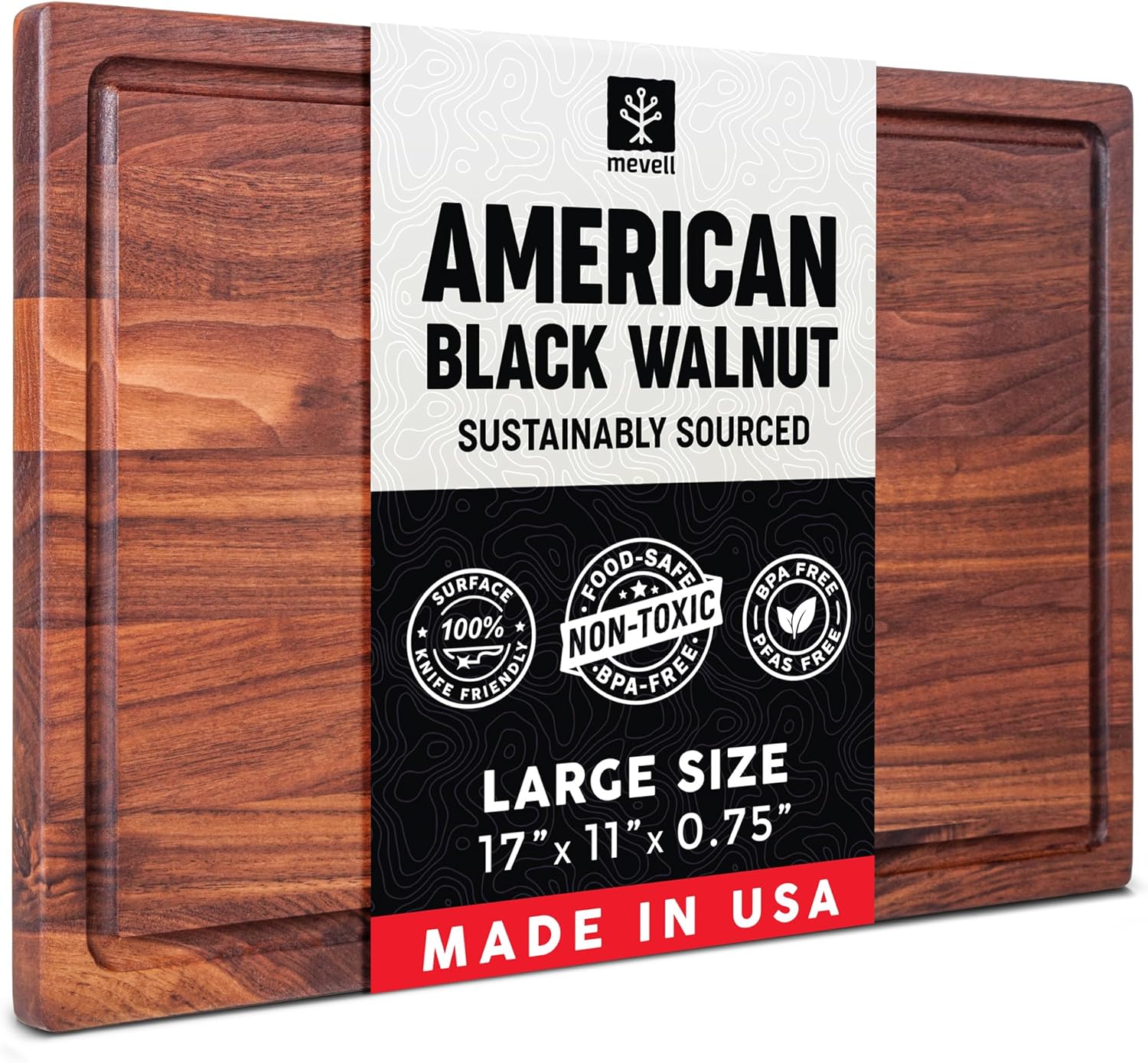 Mevell Walnut Wood Cutting Board for Kitchen, Reversible Wooden Chopping Board With Juice Grooves, Made in USA (Walnut, 17x11x0.75)